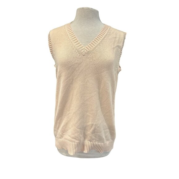 Campure Beige Knit Sleeveless Sweater Vest V-Neck 100% Cotton Made In Ch - Picture 1 of 8